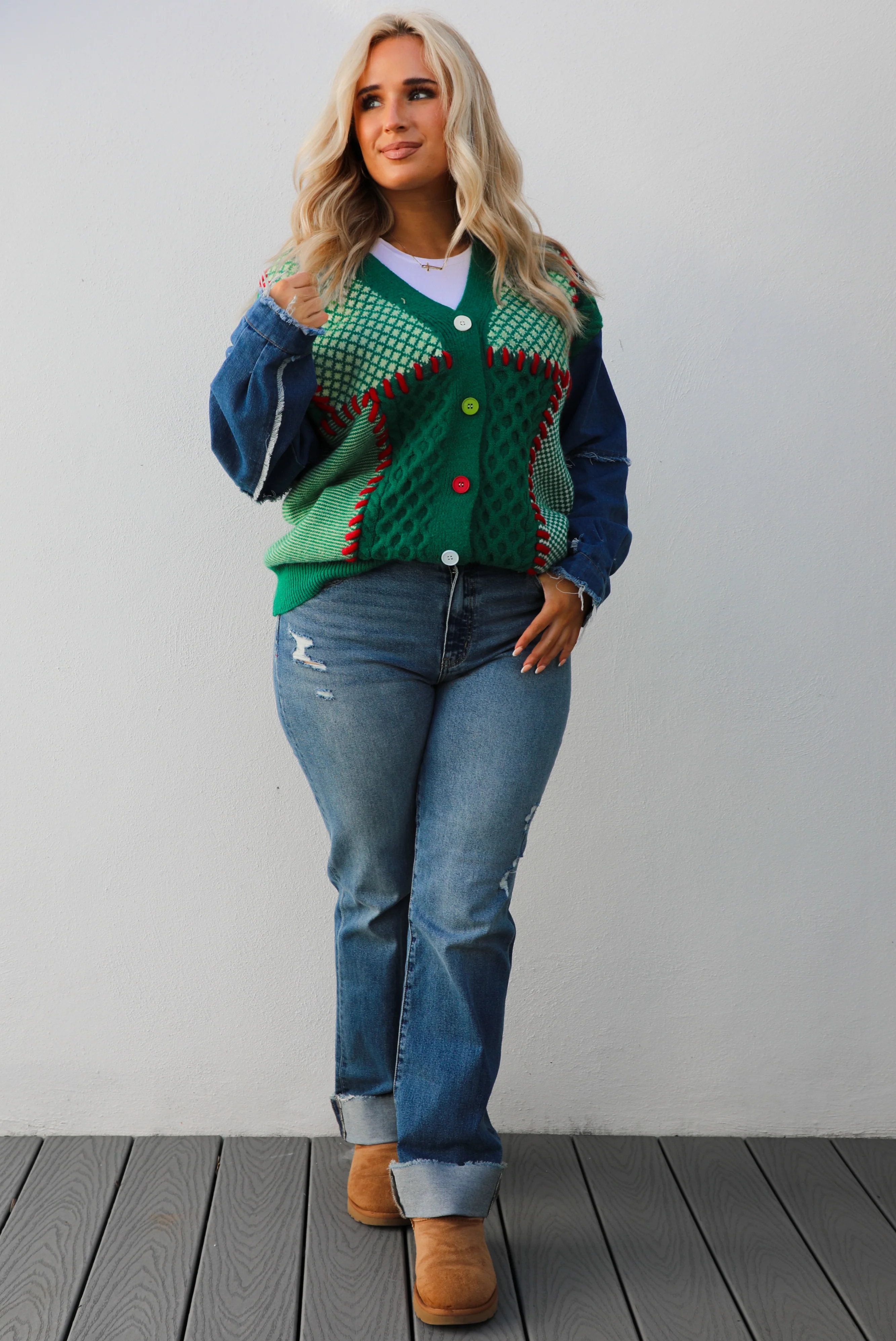 This & That Cardigan: Green/Denim - Image 3