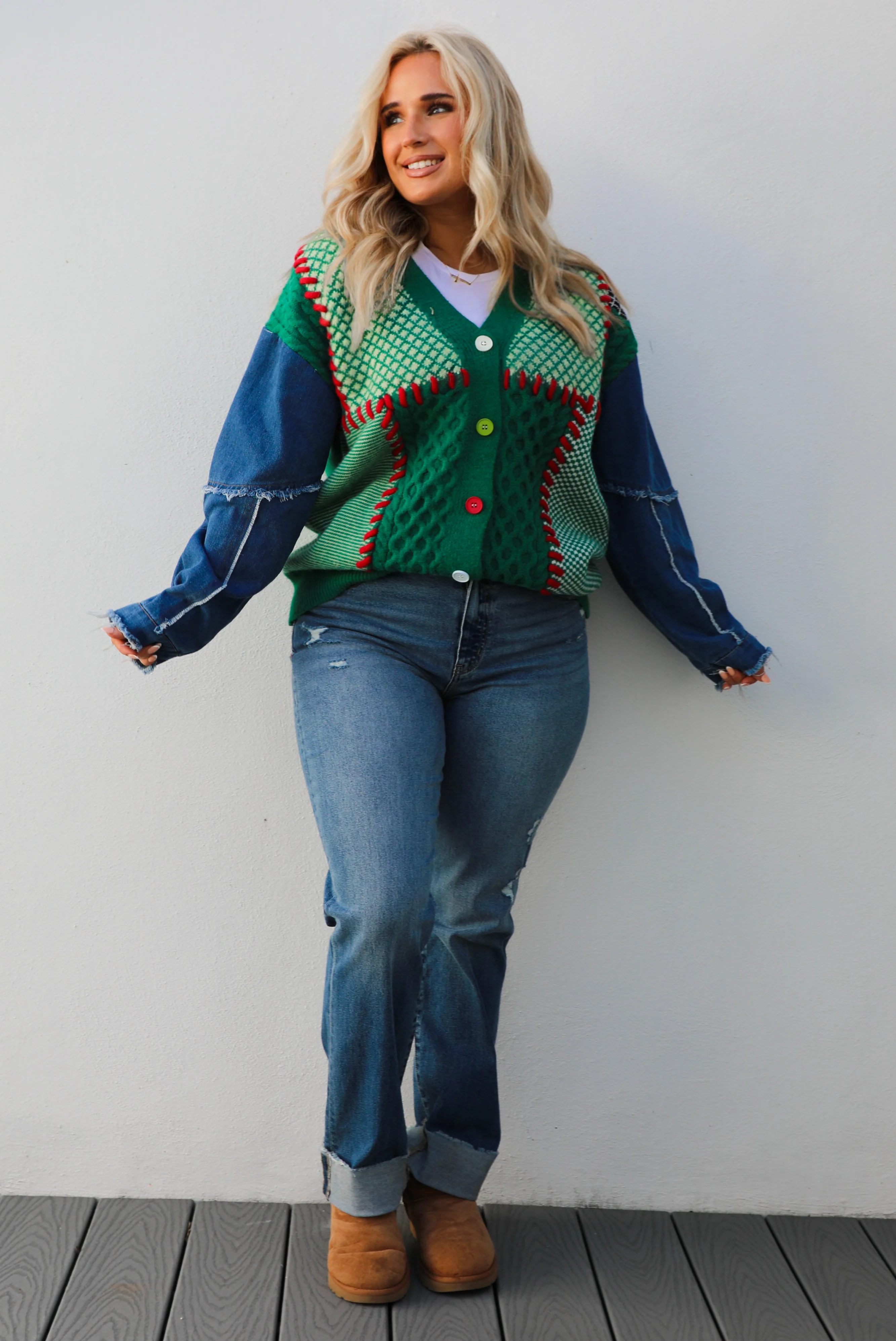 This & That Cardigan: Green/Denim - Image 5